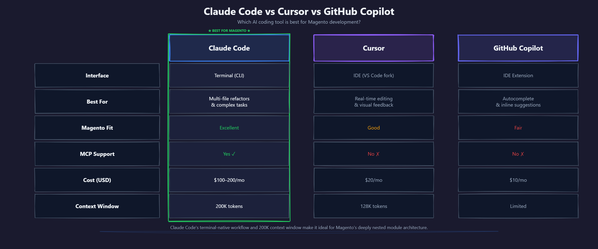 Comparison matrix of Claude Code vs Cursor vs GitHub Copilot for Magento development showing interface type, best use cases, Magento fit, MCP support, cost, and context window