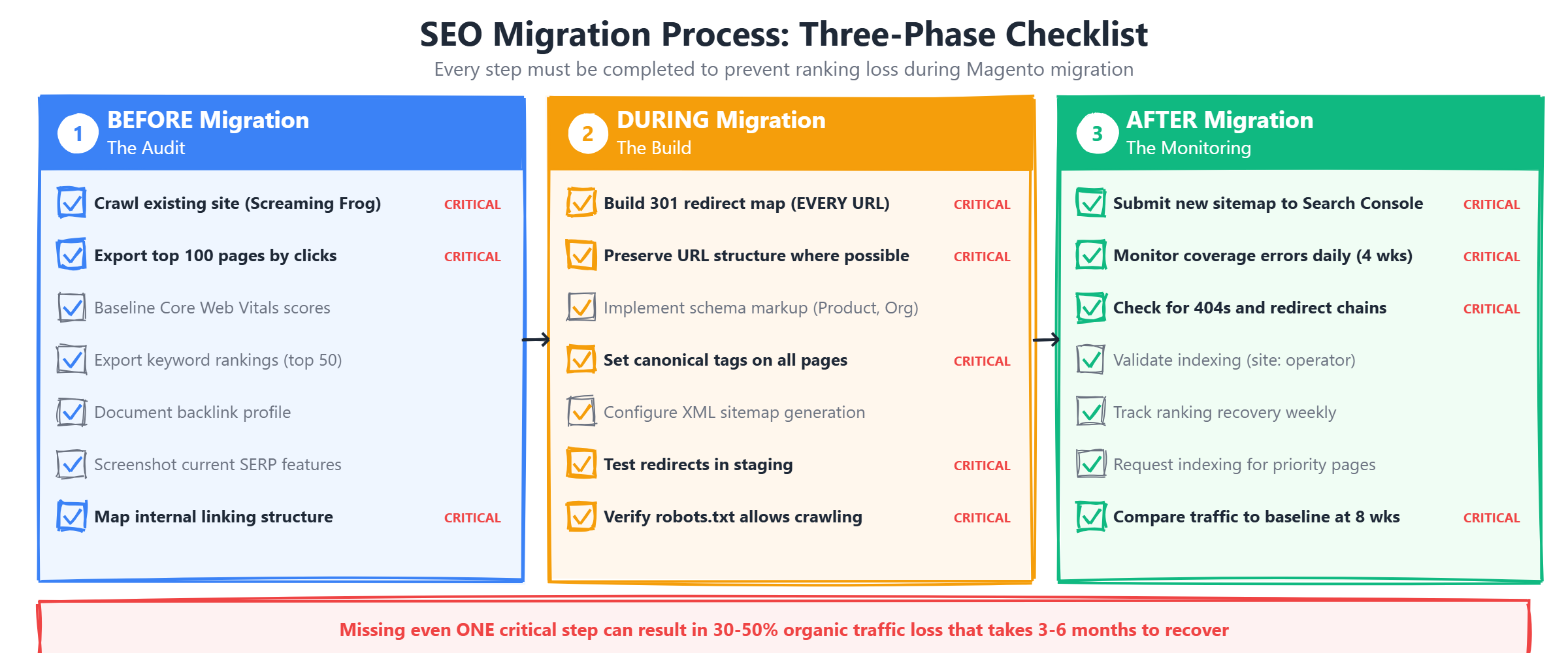 SEO migration process flowchart showing three phases: pre-migration audit, during-migration build, and post-migration monitoring with key checkpoints